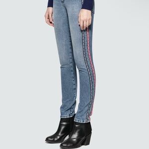 MSGM Light Blue Skinny Jeans with Navy and Red Side Stripe